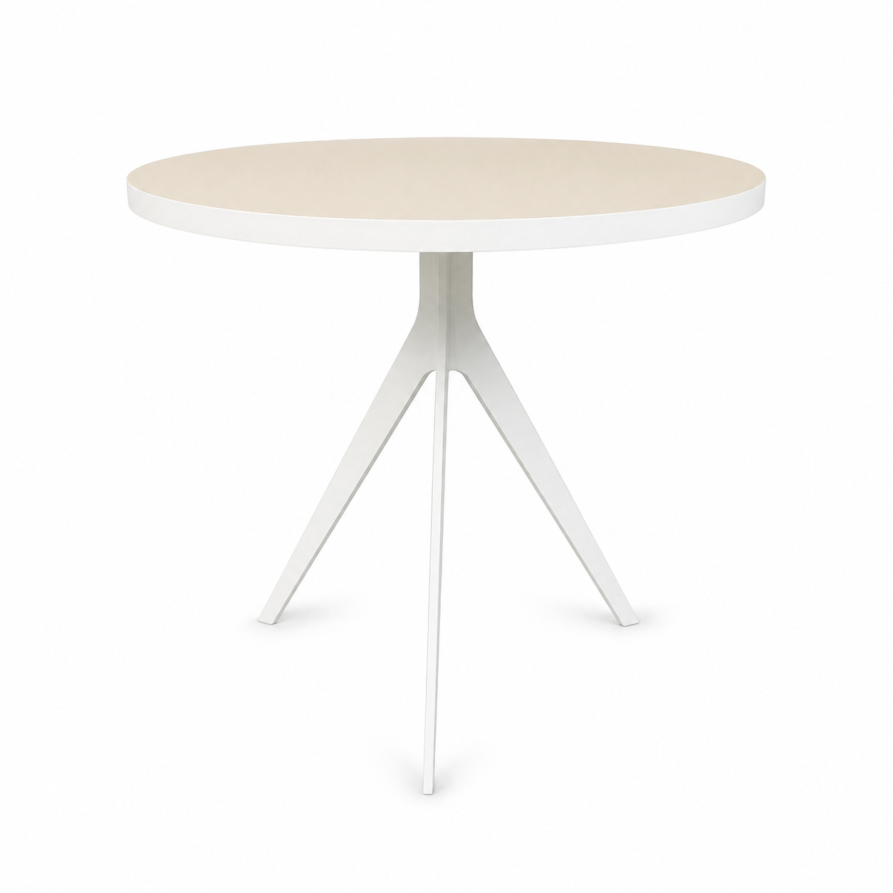 Handgefertigt Schreinerei | Bistrotisch rund 80 cm | Massives 3-Fuß Gestell weiß | Tischplatte beige mit weißer Kante | Gebrauchte Möbel