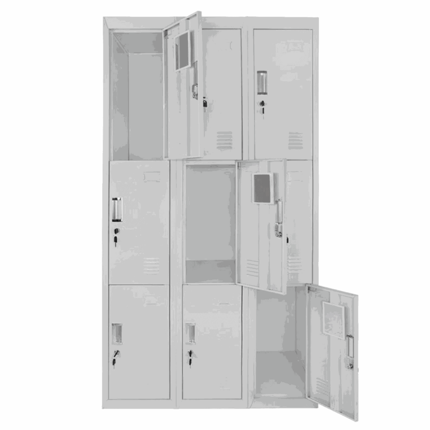 Light grey 9-compartment locker cabinet with lockable doors for storage and changing rooms, 90x180x50cm.