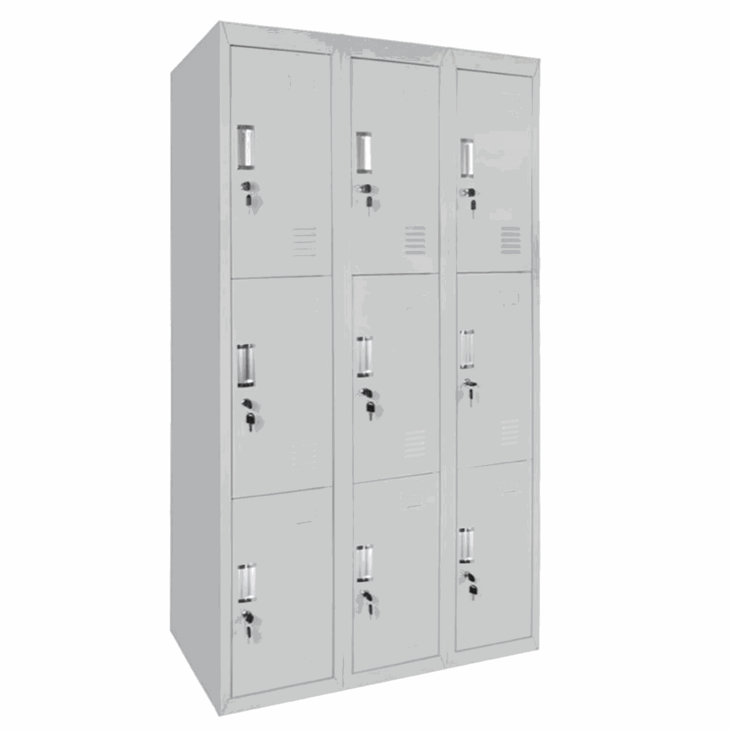Light gray 9-compartment locker cabinet with lockable doors for changing rooms or storage, 90x180x50cm, self-assembly.