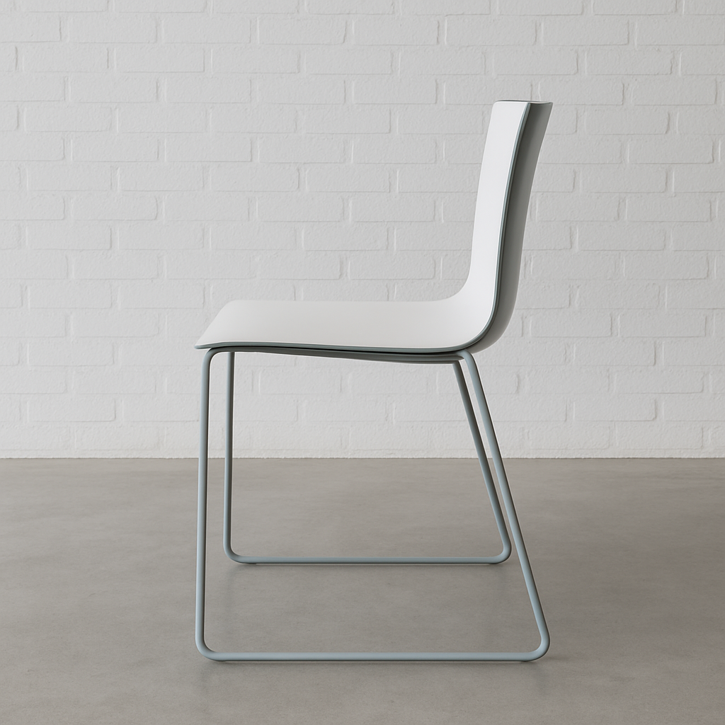 Arper Catifa 46 chair with white seat and blue sled base against white brick wall