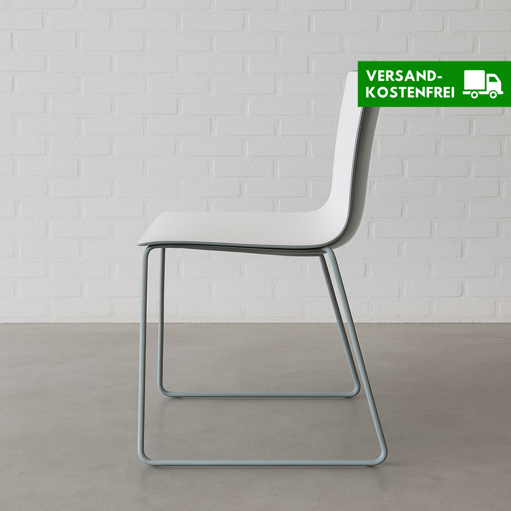 Arper Catifa 46 chair with white seat and blue sled base against white brick wall