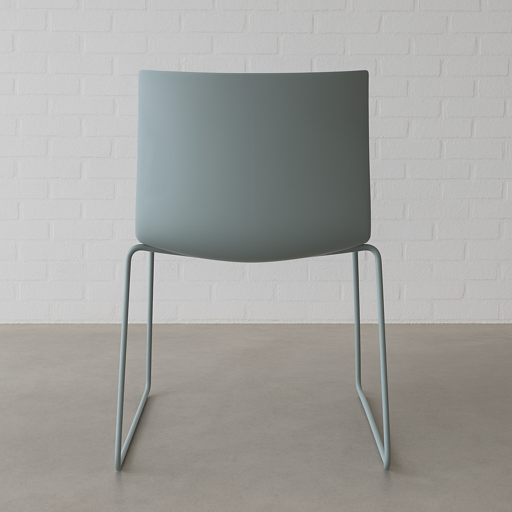 Arper Catifa 46 chair in white and dove blue with sled base against white brick wall