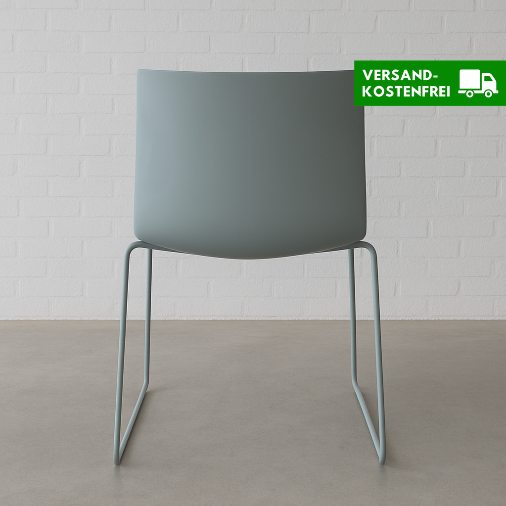 Arper Catifa 46 chair in white and dove blue with sled base against white brick wall