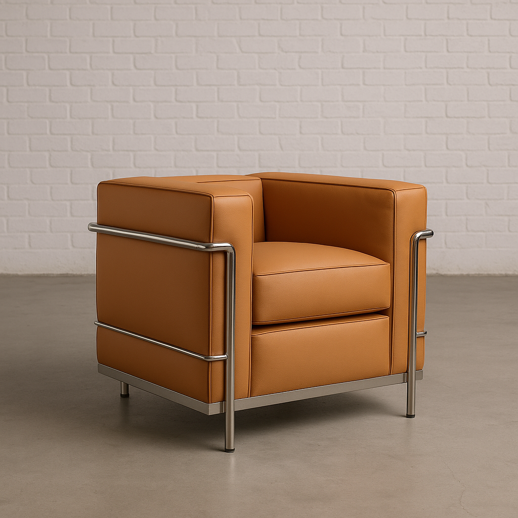 Cassina LC2 leather armchair in cognac with chrome-plated steel frame, modern design
