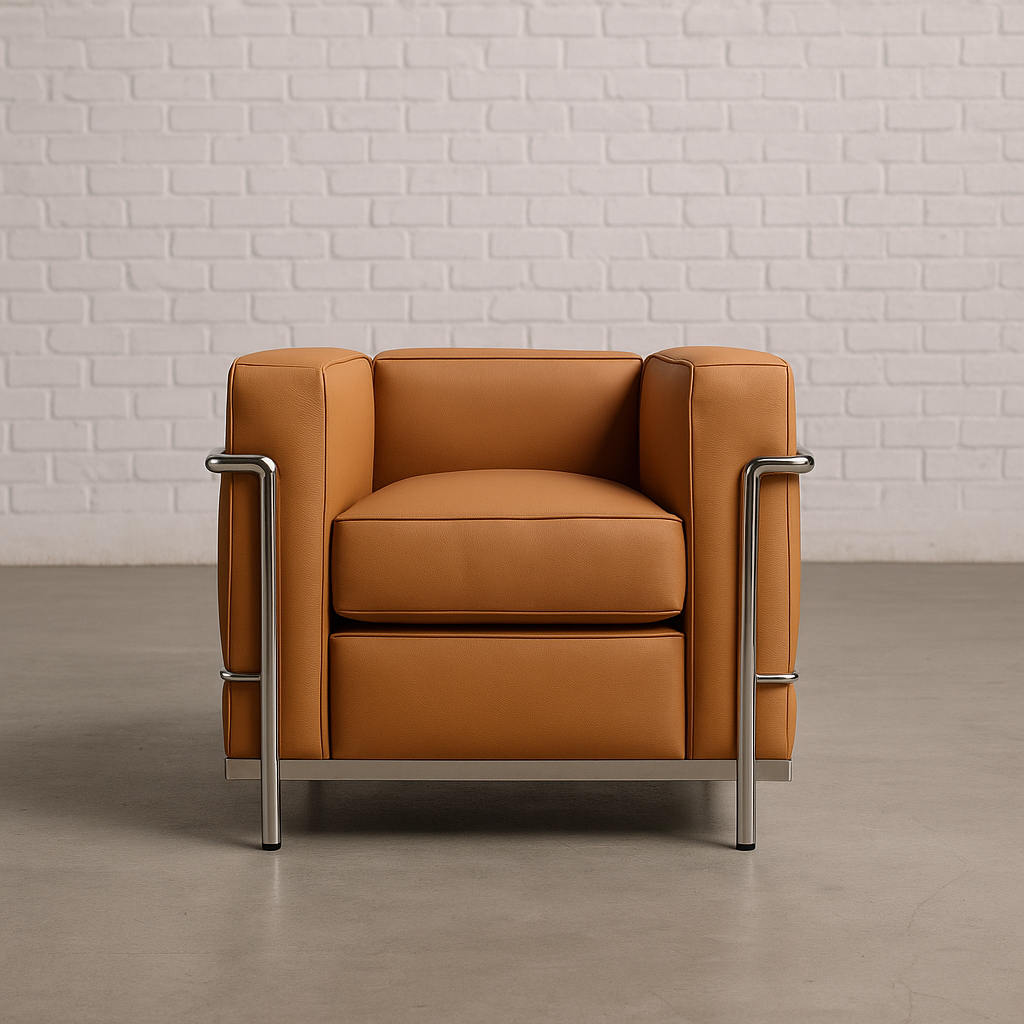 Cassina LC2 Sessel cognac leather armchair with chrome steel frame, modern design, new condition