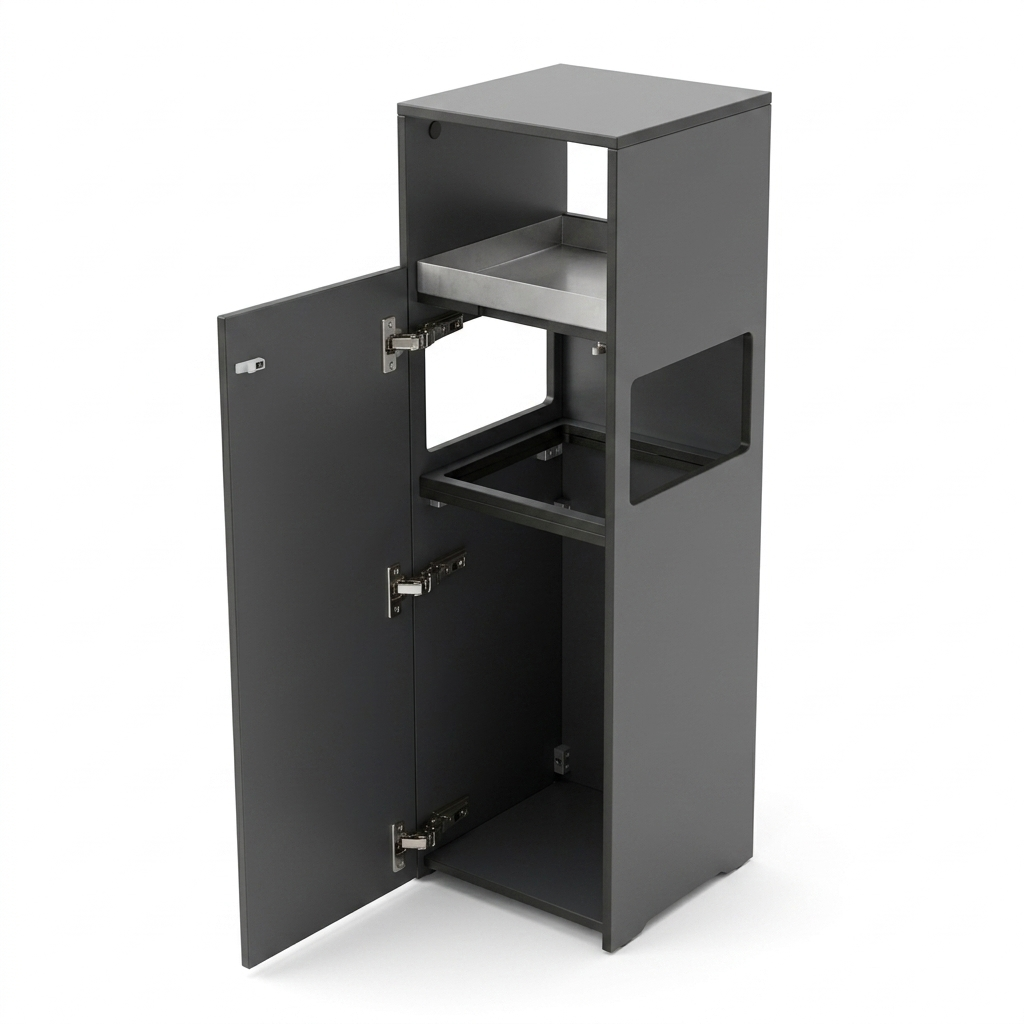 Conmoto Mülleimer/Aschenbecher aus anthrazitfarbenem HPL, 100cm hoch, mit offener Tür und Metalleinsatz.