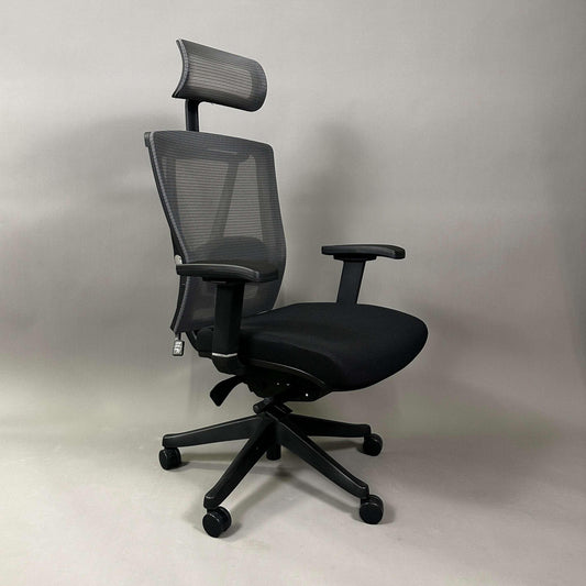 Ergonomic black office chair ergo1 schwarz with mesh backrest, adjustable headrest, 4D armrests, and fabric seat.