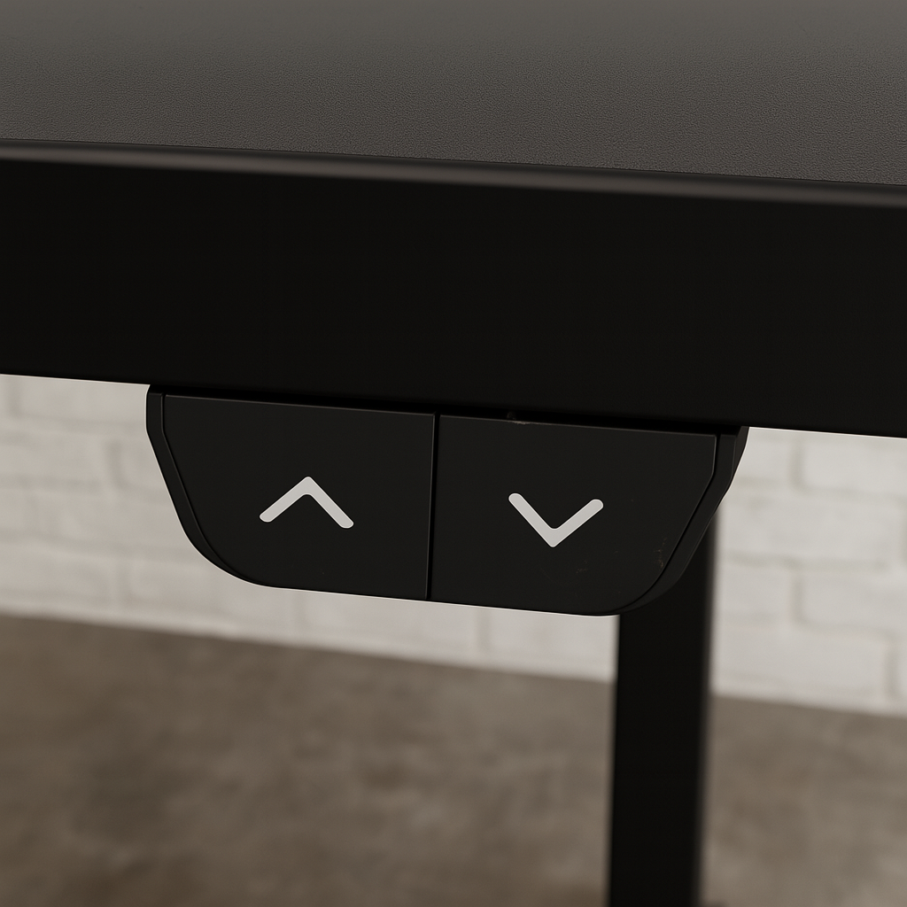 Close-up of black electric height adjustment control panel with up and down buttons on EHV-1 weiß sit-stand desk.