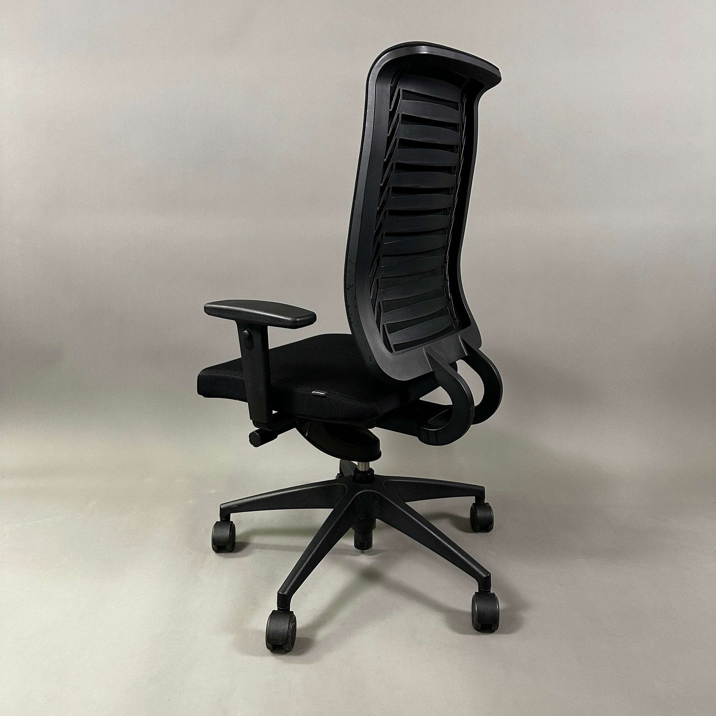 Girsberger Reflex ergonomic office chair with flexible backrest, mesh back, fabric seat, synchronized tilt, adjustable armrests, and black five-wheel base