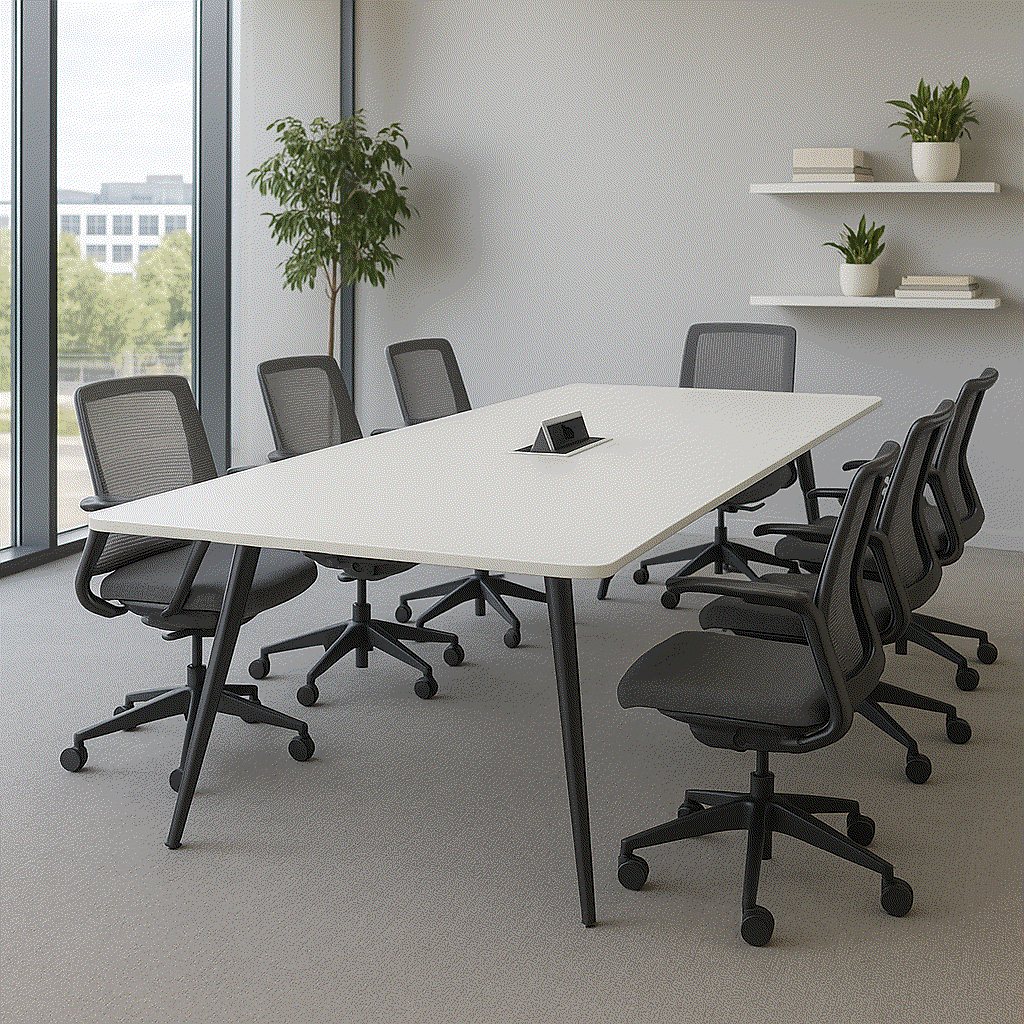 Steelcase Konferenztisch Potrero 415 Light Table weißer Melamintisch mit anthrazitgrauem Metallgestell und integriertem Media Kit in modernem Konferenzraum