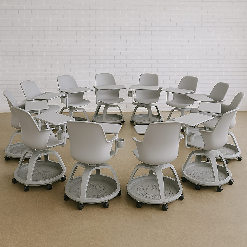 Runder Kreis aus platinfarbenen Steelcase Node Seminarstühlen mit Schreibtablars und Rollen in modernem Lernraum.