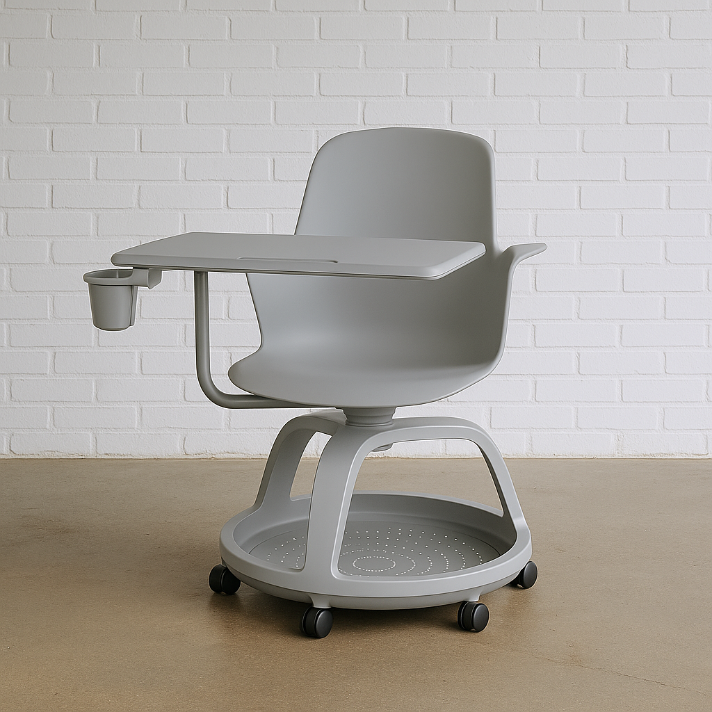moderner Steelcase Node Seminarstuhl in Platin mit Schreibtablar, Stauraum und Rollen, flexibel drehbar, für aktives Lernen und einfaches Umgestalten von Unterrichtsräumen