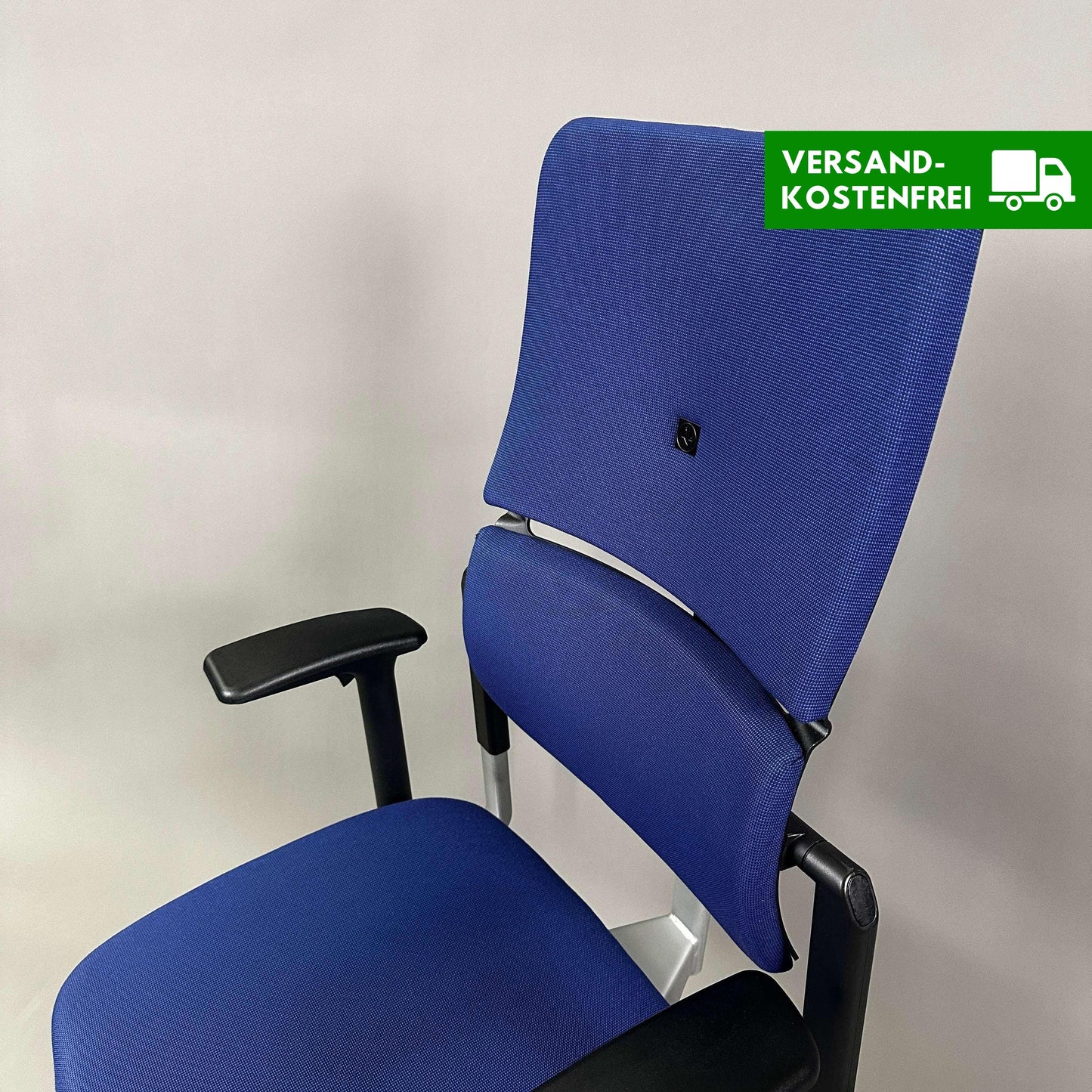 Steelcase Please ergonomic office chair in blue with adjustable armrests and lumbar support