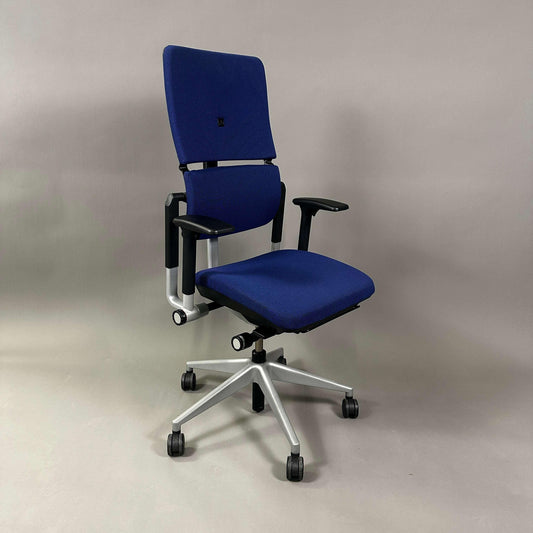 Steelcase Please ergonomic blue office chair with adjustable armrests and silver metal frame