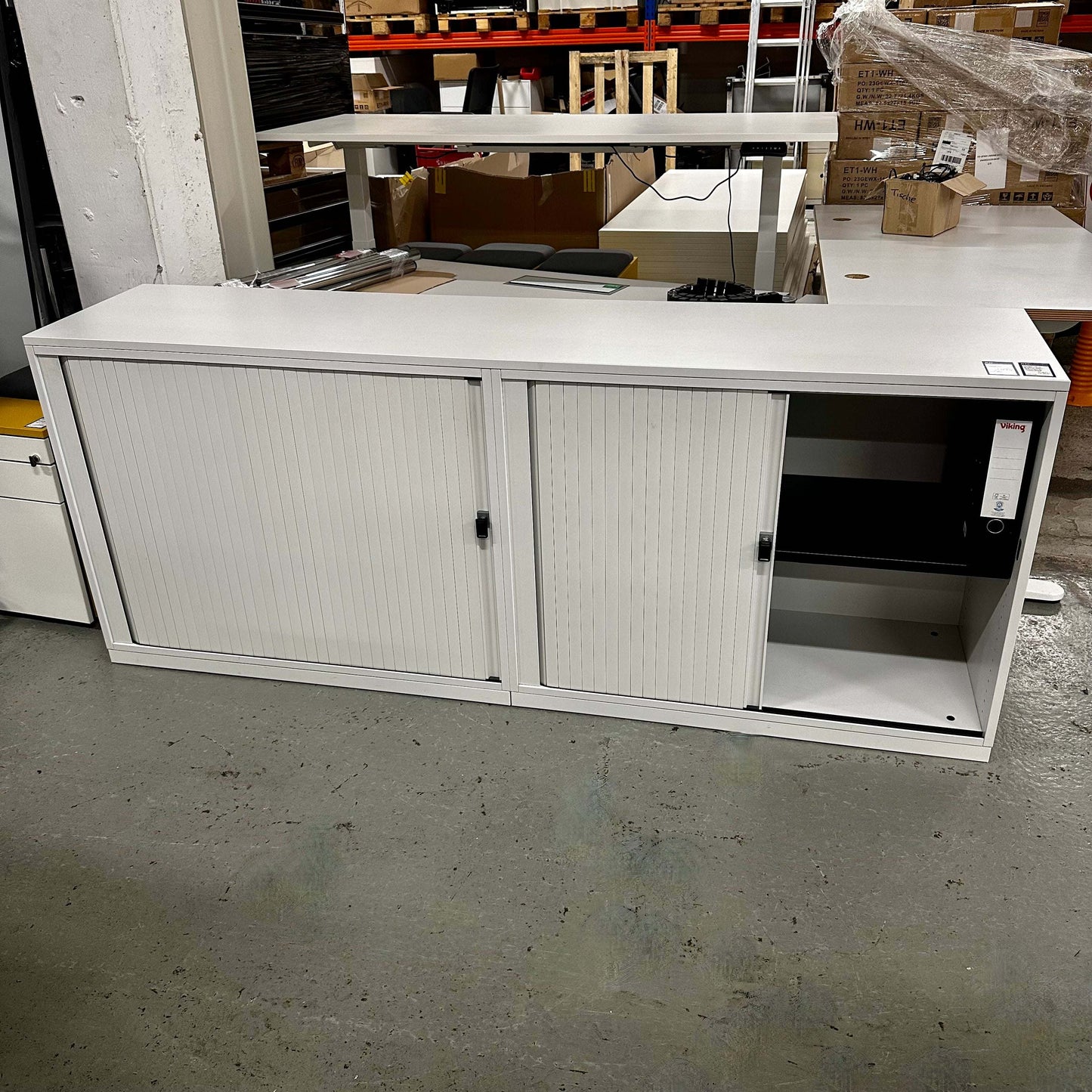 Steelcase Sideboard 2OH white office cabinet with sliding doors and open shelving, 200x81x45 cm