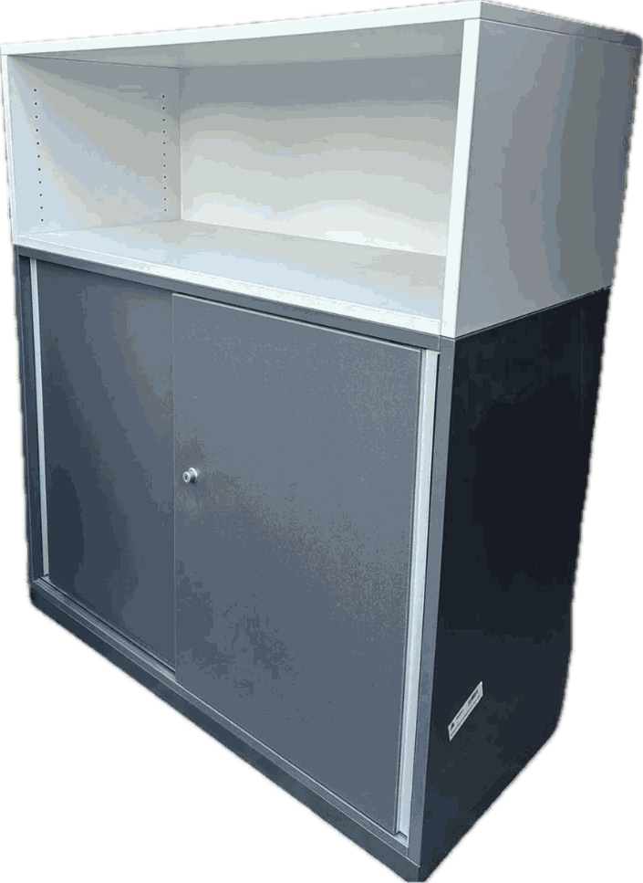 Steelcase Sideboard 3OH with sliding doors and open upper shelf in gray and white finish, 100x100x44cm