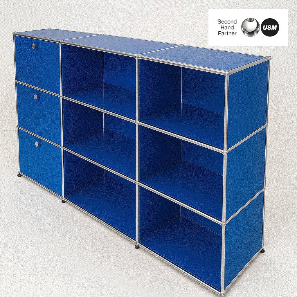 USM Haller Highboard 3x3 enzianblau mit 3 Auszügen und Fächern
