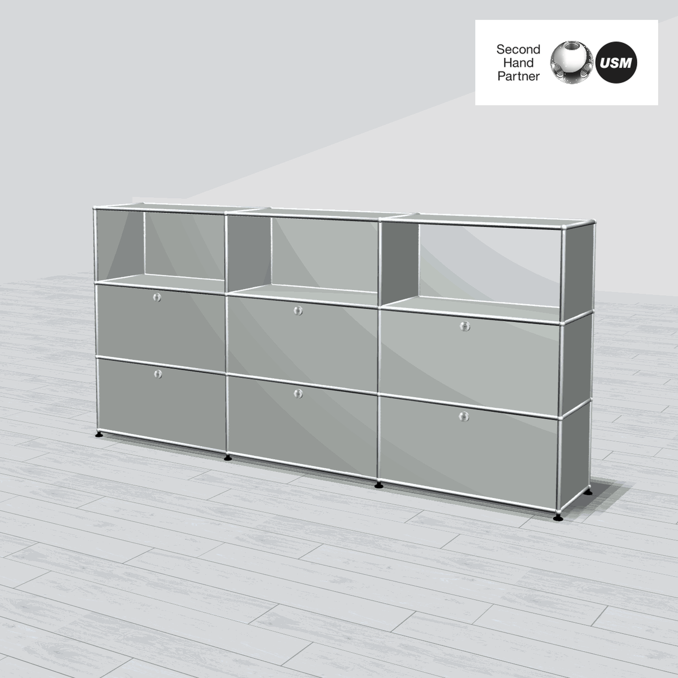 büromöbel aufbewahrung USM Haller Highboard 3x3 lichtgrau 6 Klappen