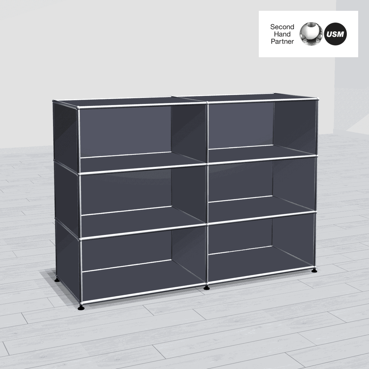 USM Haller Highboard anthracite with 2x3 open compartments, 153x109x53 cm, modern modular shelving unit.