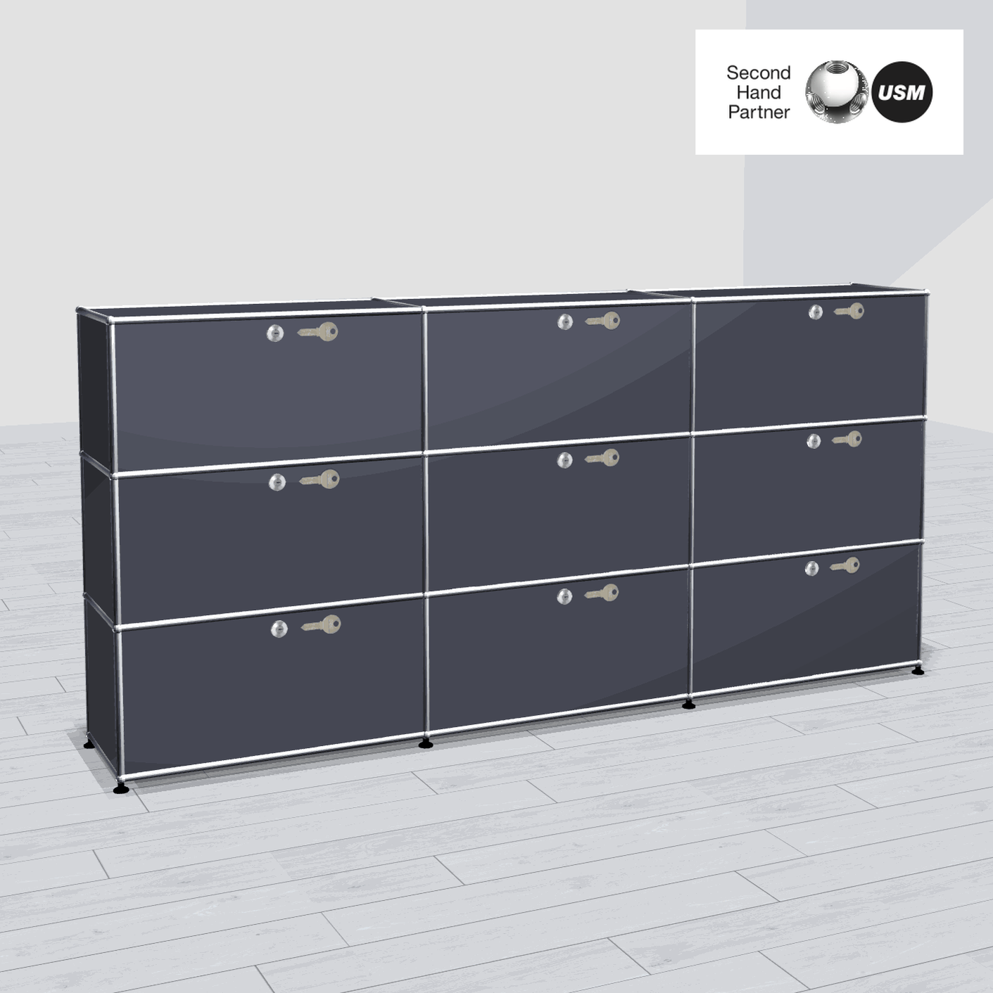 USM Haller Highboard anthracite 3x3 with 9 lockable compartments and metal frame on light wood floor
