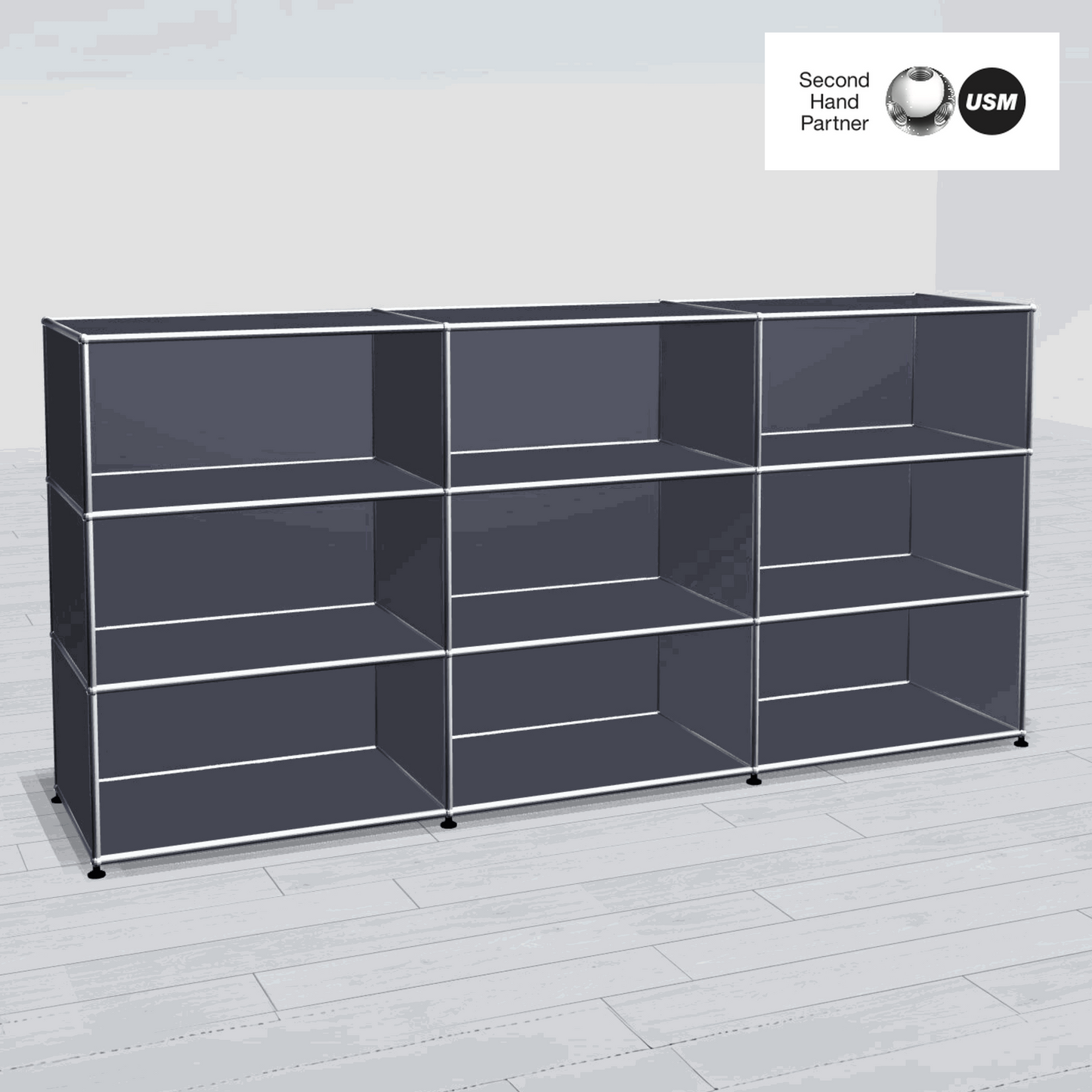 USM Haller anthracite highboard with 3x3 open compartments and 50 cm depth