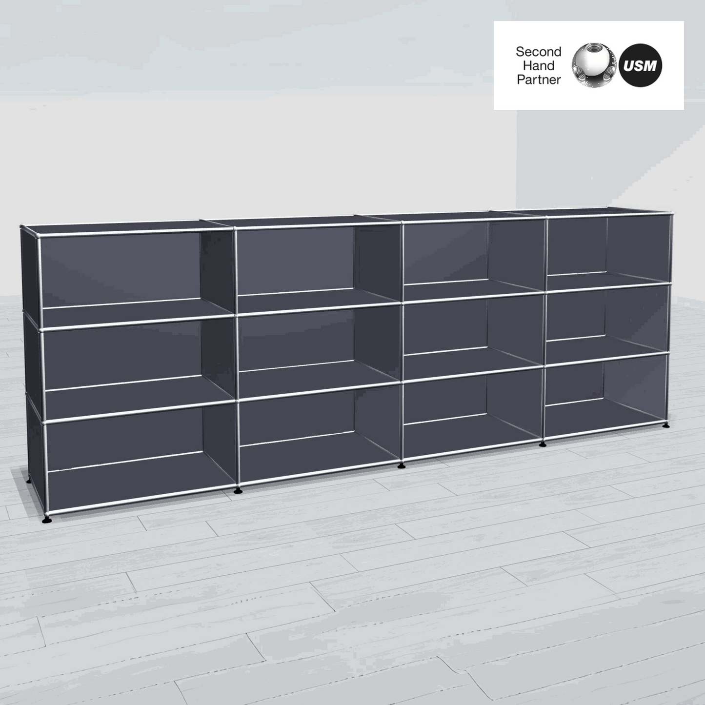 USM Haller Highboard anthracite with 4x3 open compartments and 50cm depth on wooden floor