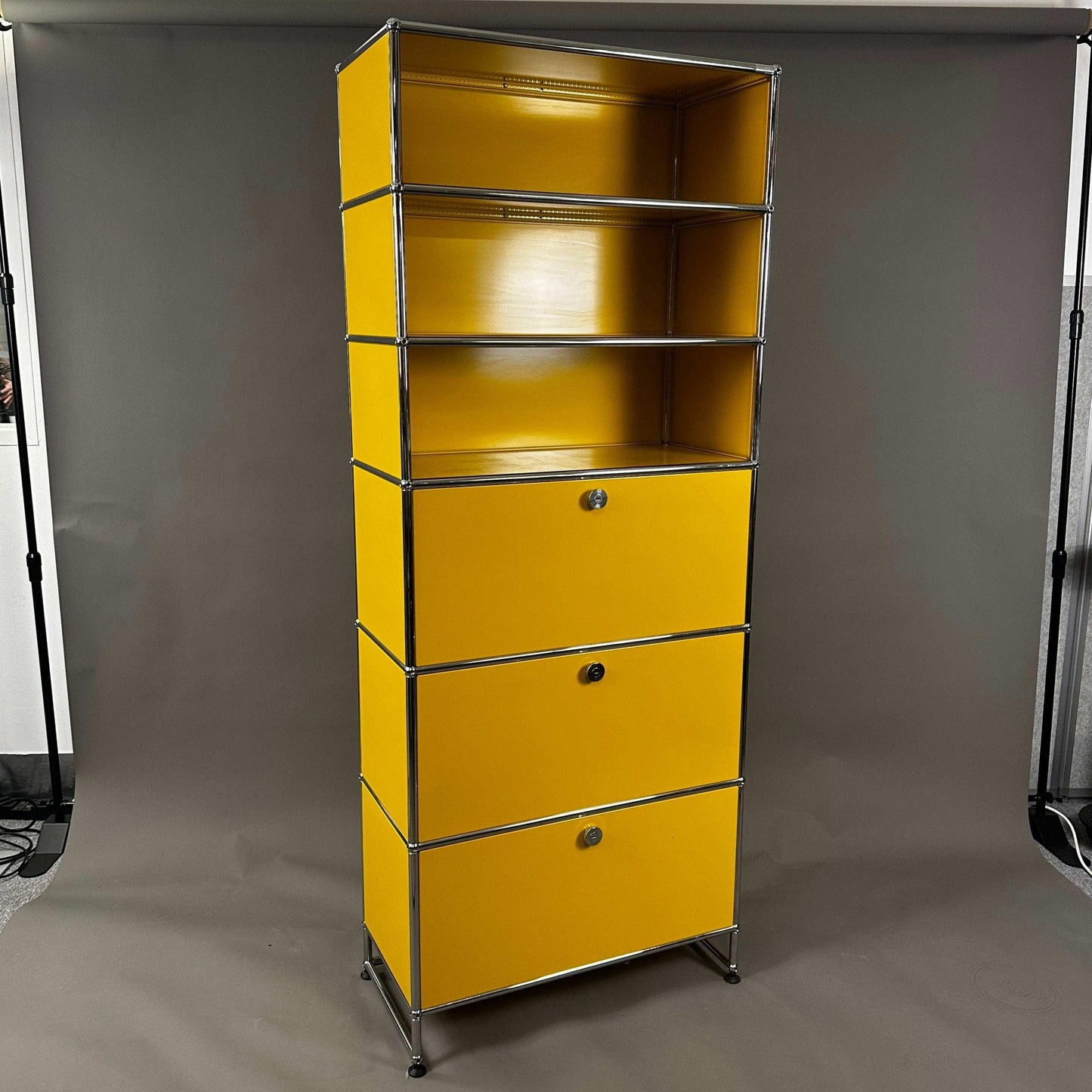 USM Haller Highboard in gold yellow with 3 open shelves and 3 flap compartments, 76x190x38cm