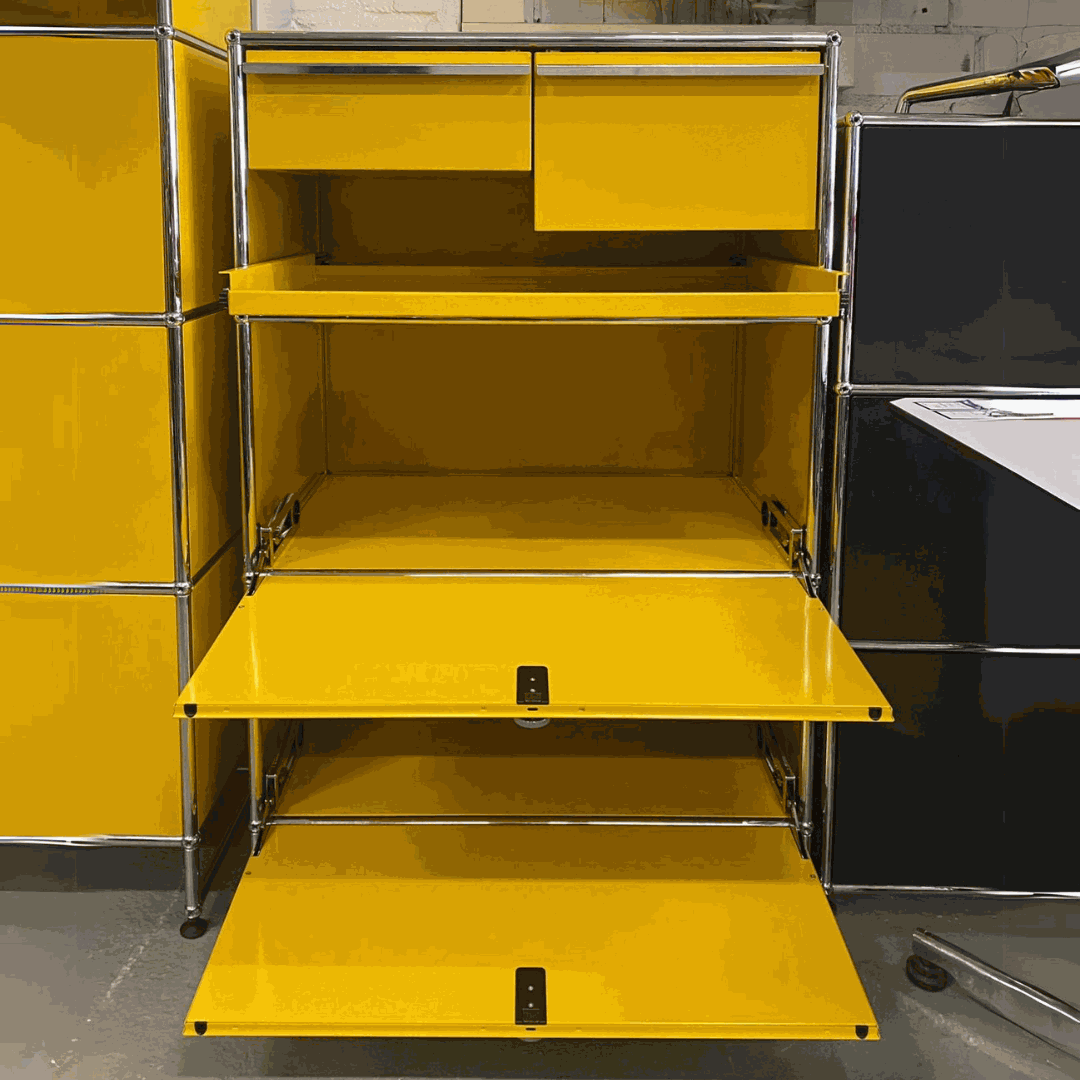 USM Haller gold yellow highboard with 2 drop-down doors and 3 drawers, 77x120x52 cm depth 50cm storage cabinet