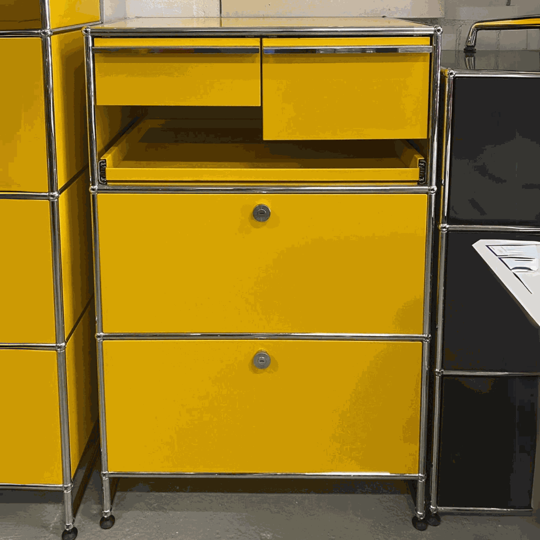 USM Haller gold yellow highboard with 2 flaps and 3 drawers, 77x120x52 cm, metal frame and modular design