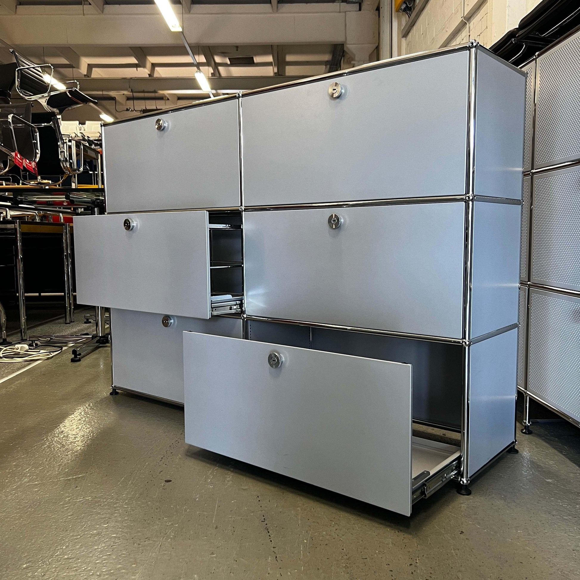 USM Haller Highboard in matte silver with six drawers and hang file inserts, 153x109x37cm dimensions