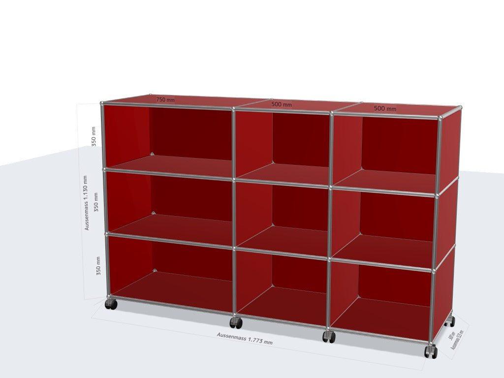 Red USM Haller Highboard with 9 open compartments, 177.3x113x55.3cm, on lockable caster wheels
