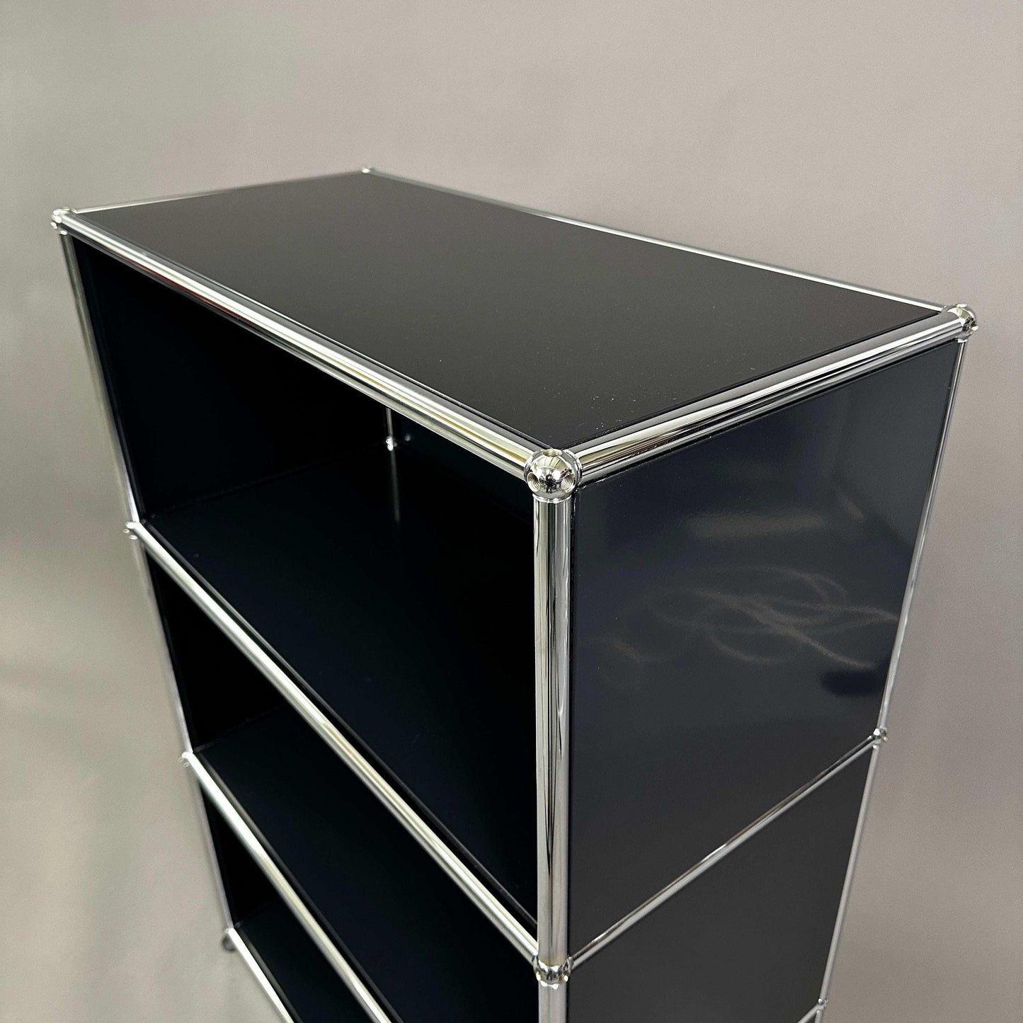 USM Haller Highboard in graphite black with 1x3 open compartments and chrome frame