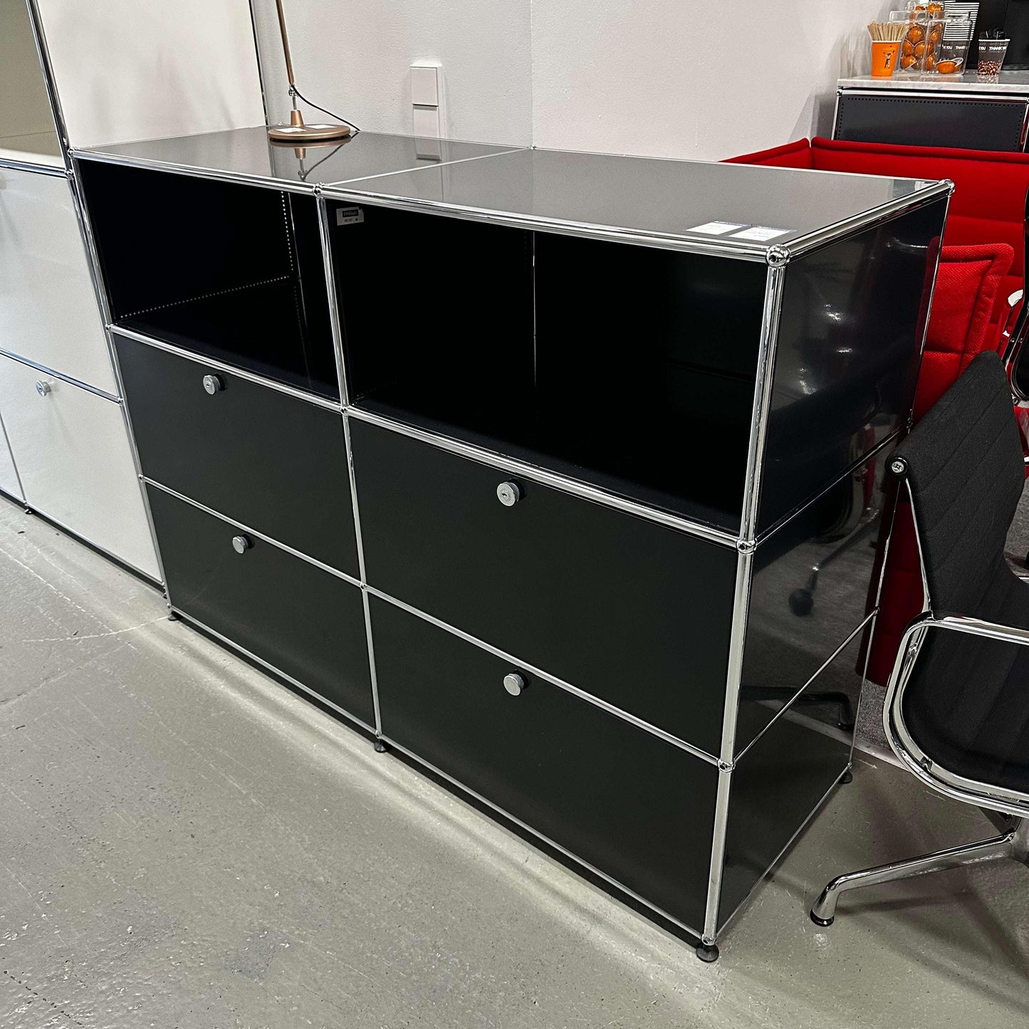 Black USM Haller Highboard with 2 open shelves and 4 drawers, 152x110x52cm
