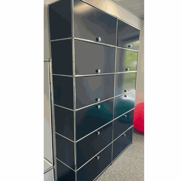 USM Haller Highboard in steel blue with 6 flap doors and 6 sliding doors measuring 214x109x38cm