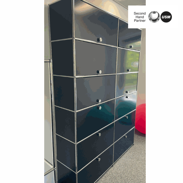 USM Haller Highboard in steel blue with 6 flap doors and 6 sliding doors measuring 214x109x38cm