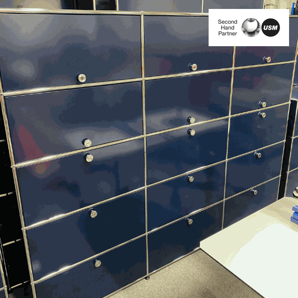 USM Haller Highboard in steel blue with 9 flap doors and 6 sliding doors measuring 179x228x38cm