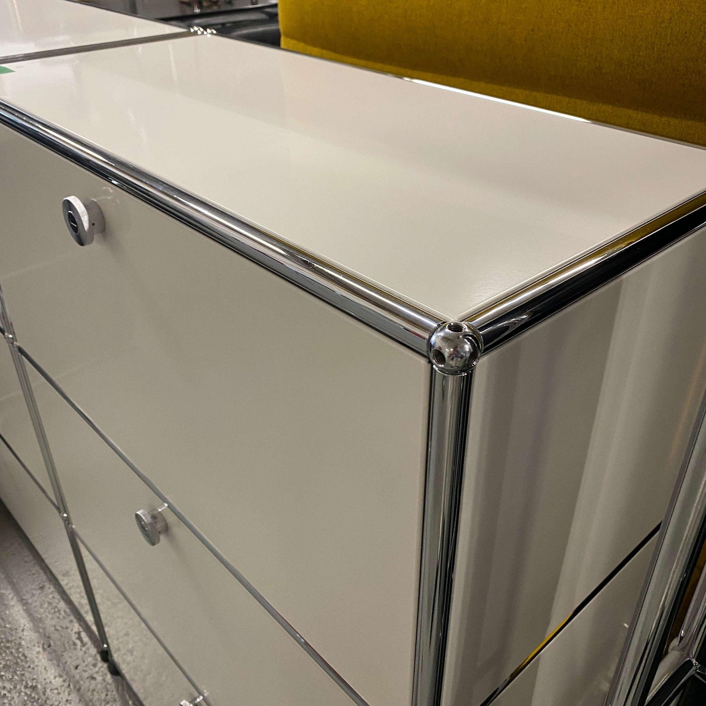 USM Haller Highboard white 1x3 with 3 flap doors and chrome frame
