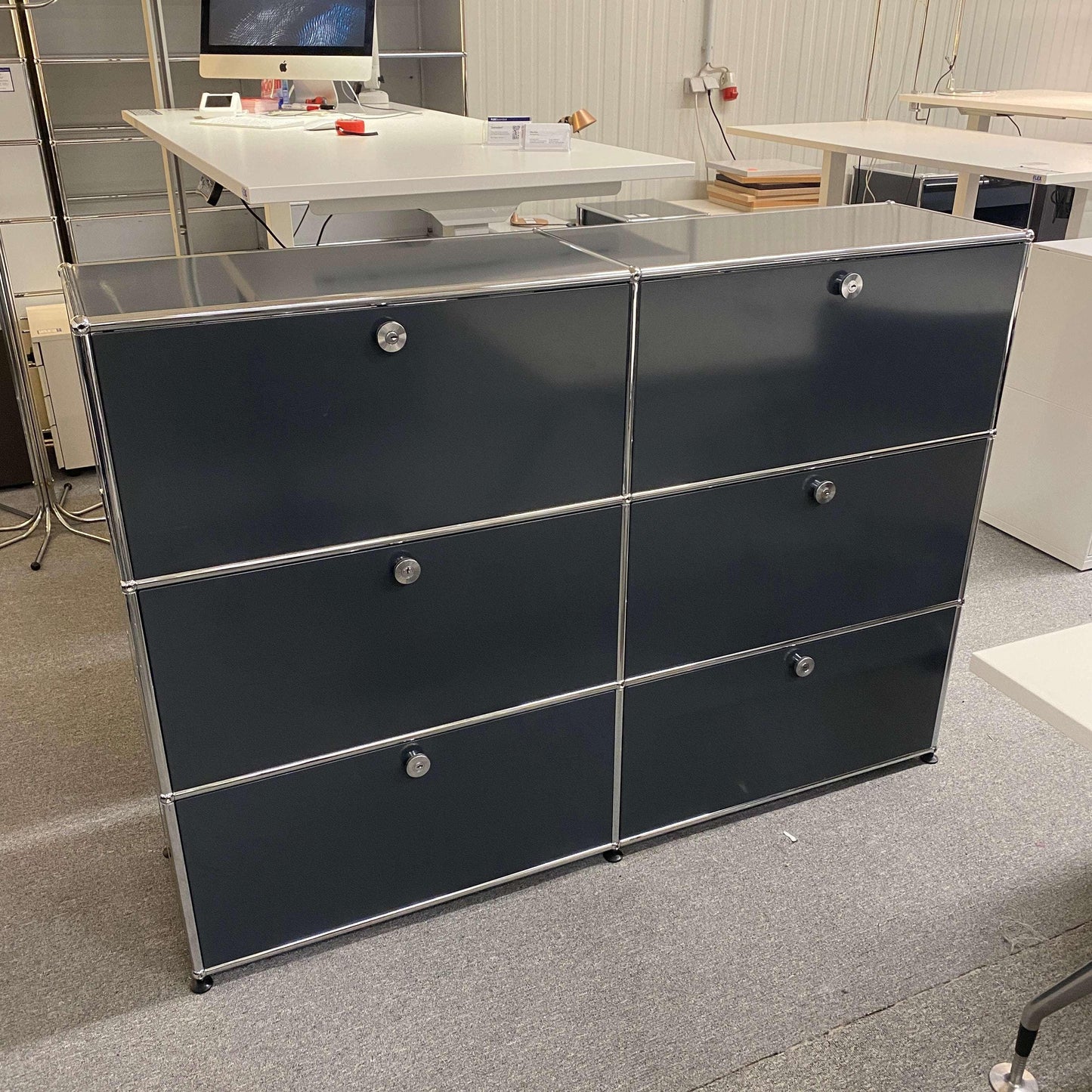 Anthracite USM Haller Highboard with six compartments and chrome accents, measuring 152x109x37cm in modern office setting