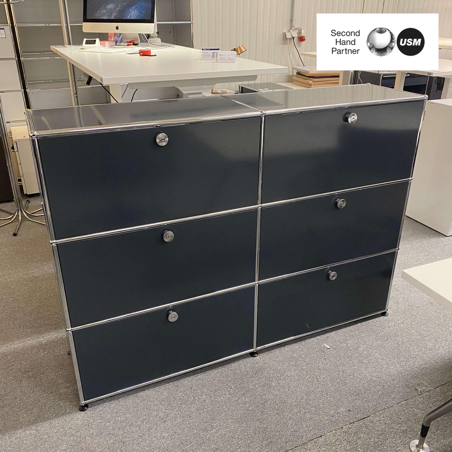 Anthracite USM Haller Highboard with six compartments and chrome accents, measuring 152x109x37cm in modern office setting