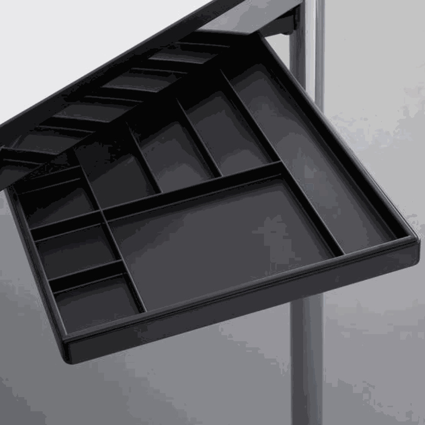 USM Haller Materialschwenkarm black under-desk organizer tray with multiple compartments for office supplies