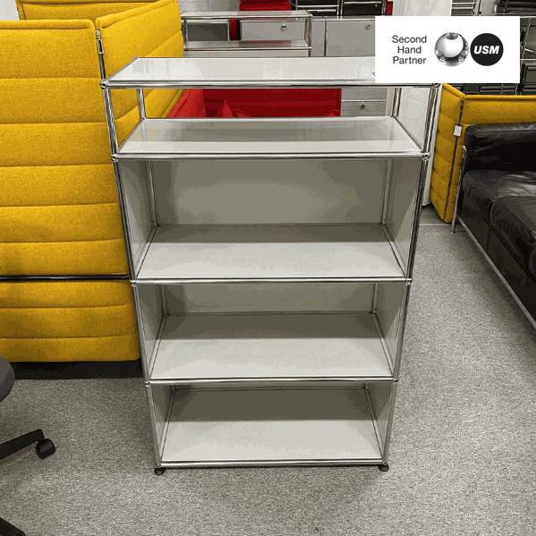 USM Haller Regal light gray 1x4 shelf unit with metal frame and glass panels