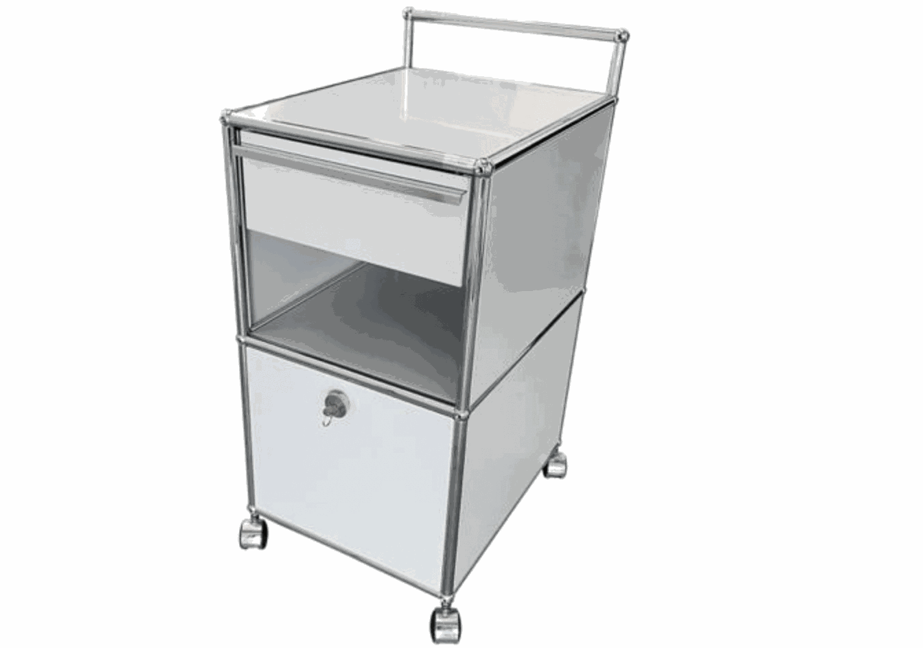 USM Haller Rollcontainer in light grey with chrome frame, two drawers, and caster wheels for office or home use