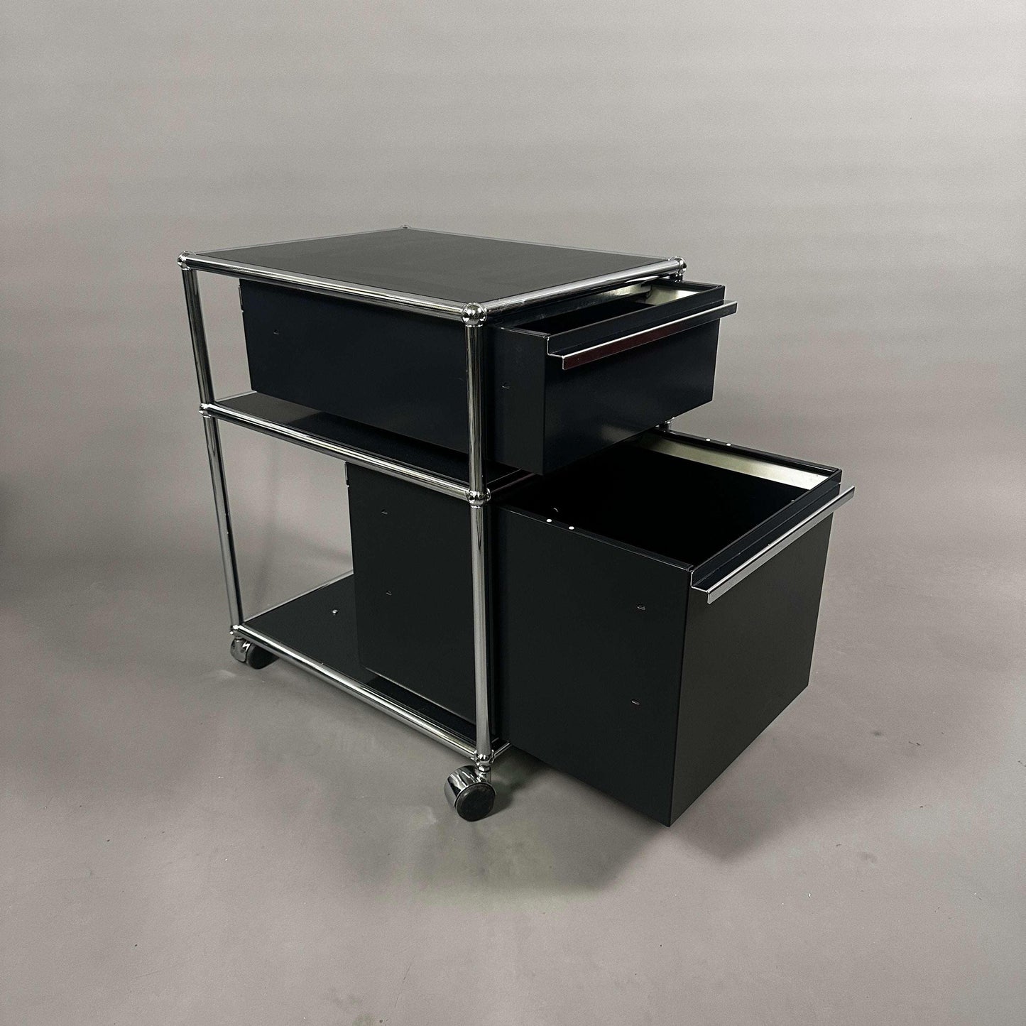 USM Haller Rollcontainer black with two drawers on wheels in graphite black finish