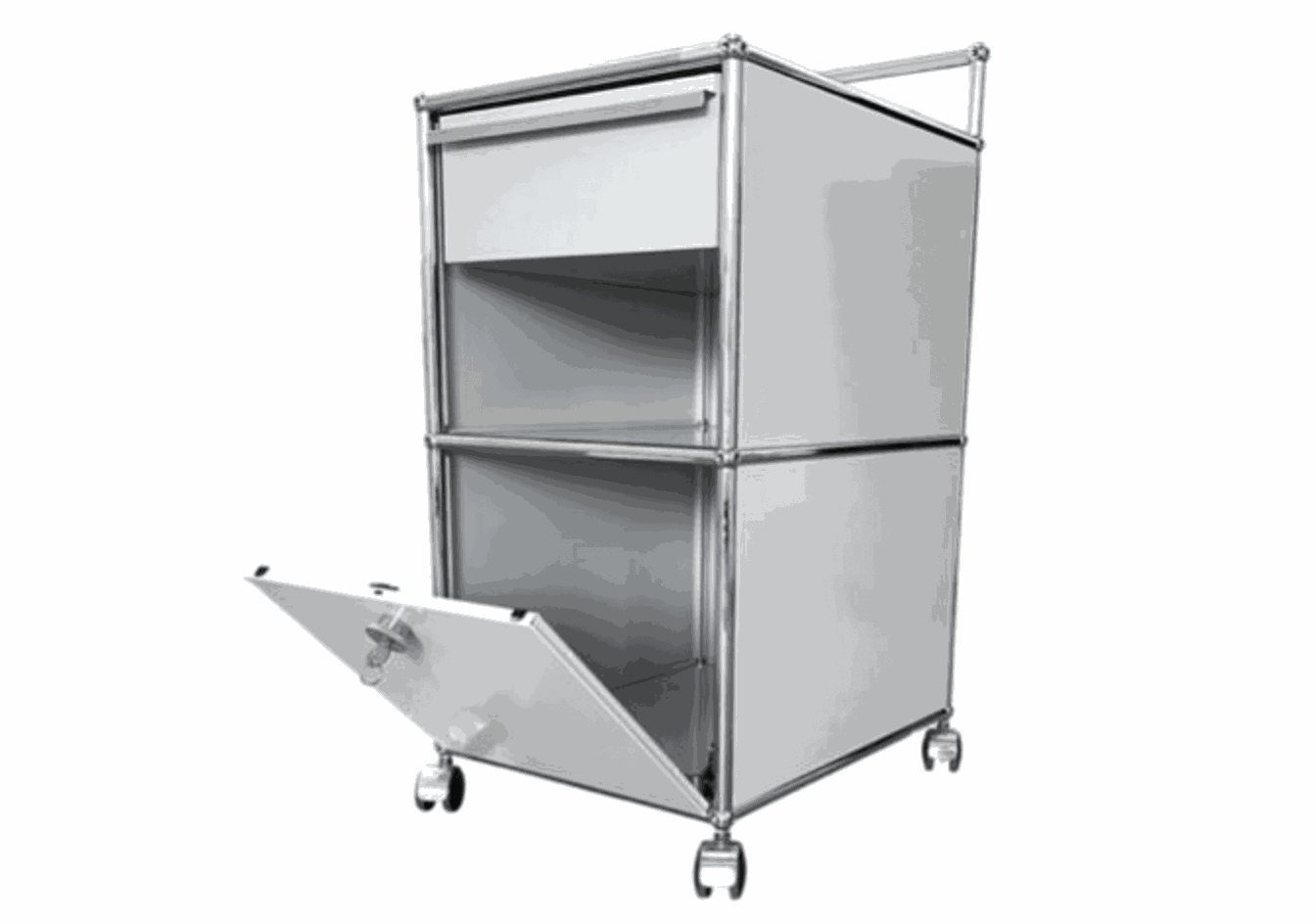 USM Haller Rollcontainer in light gray with chrome frame and casters, featuring an open lower compartment and a closed drawer.