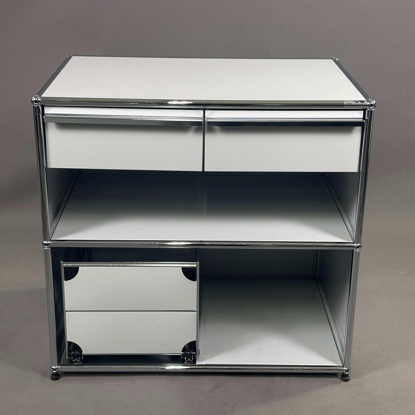USM Haller Sideboard 1x2 lichtgrau mit zwei Schubladen und Hängeregistereinsätzen, 74x78x53 cm, modernes Metall-Regalmöbel