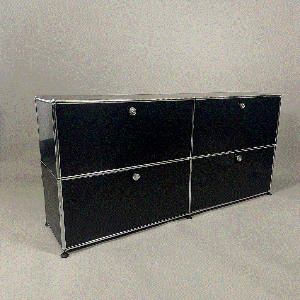 USM Haller Sideboard 2x2 in graphite black with four flap doors and chrome frame