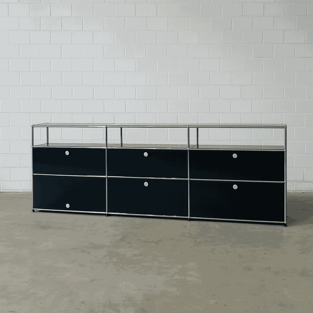 USM Haller Sideboard 3x3 graphitschwarz mit 5 Klappen und 1 Einschubtür, Maße 228x82x38 cm, Softclose, moderner Zustand