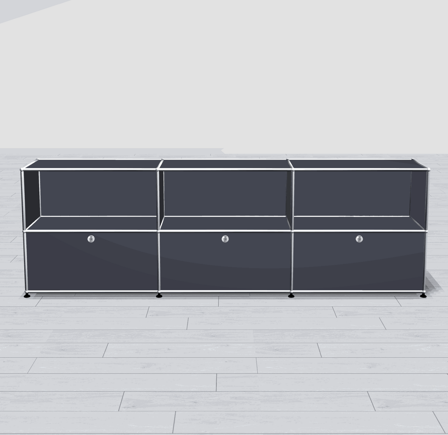 USM Haller Sideboard anthrazit mit 3 Schubladen unten und 3 offenen Fächern oben, 228x74x38 cm.