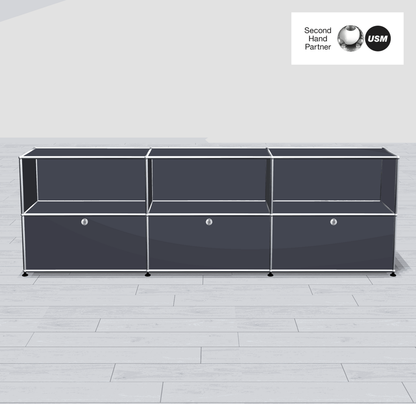 USM Haller Sideboard anthrazit mit 3 Schubladen unten und 3 offenen Fächern oben, 228x74x38 cm.