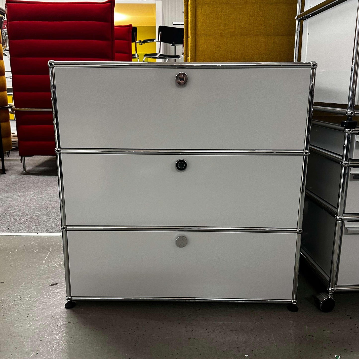 USM Haller light gray sideboard with three drawers and chrome frame, 77x79x53cm